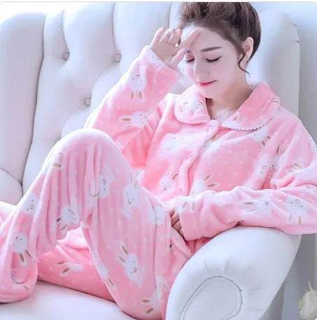 Women Coral Velvet Fleece Pajamas Fall Winter Loungewear Flannel Sleepwear - Velora