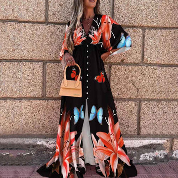 Summer Casual Vacation Style V-Neck Printed Dress