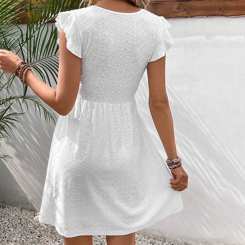 Women's V Neck Lace Mini Dresses Casual Summer Ruffle Sleeve Crochet Sundresses - Velora