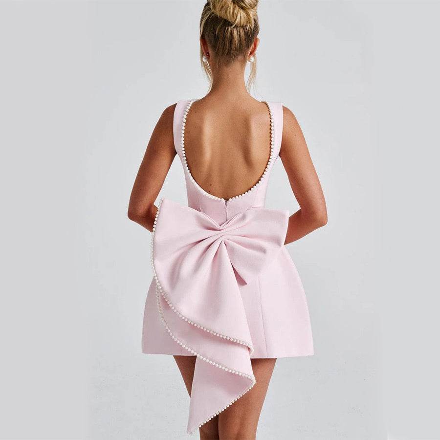Fashion Big-Bowed Pearls Backless Dress Summer Slim Sleeveless A-line Dresses For Party Evening Women's Clothing - Velora