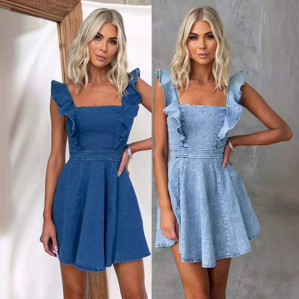 Women's Fashion Casual Denim Mini flared Dress - Velora