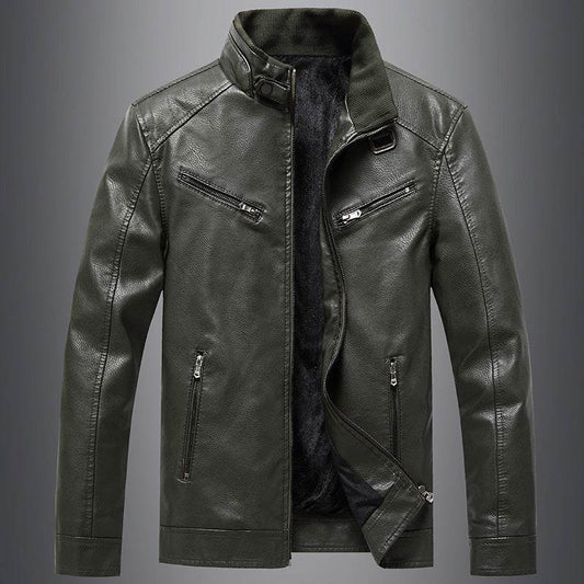 Men's Fleece Padded Coat Casual Korean-style Stand Collar PU Leather Jacket Trendy Youth - Velora