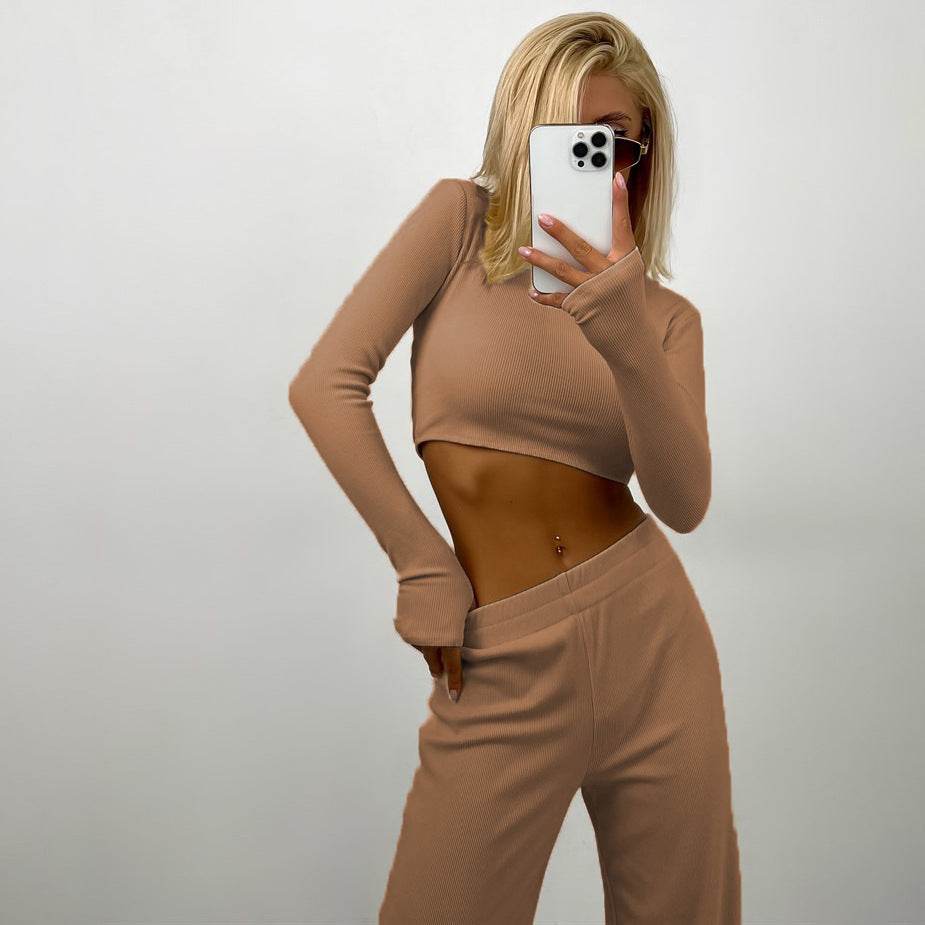 Women's Long Sleeve Fashion Sunken Stripe Trousers Two-piece Set - Velora