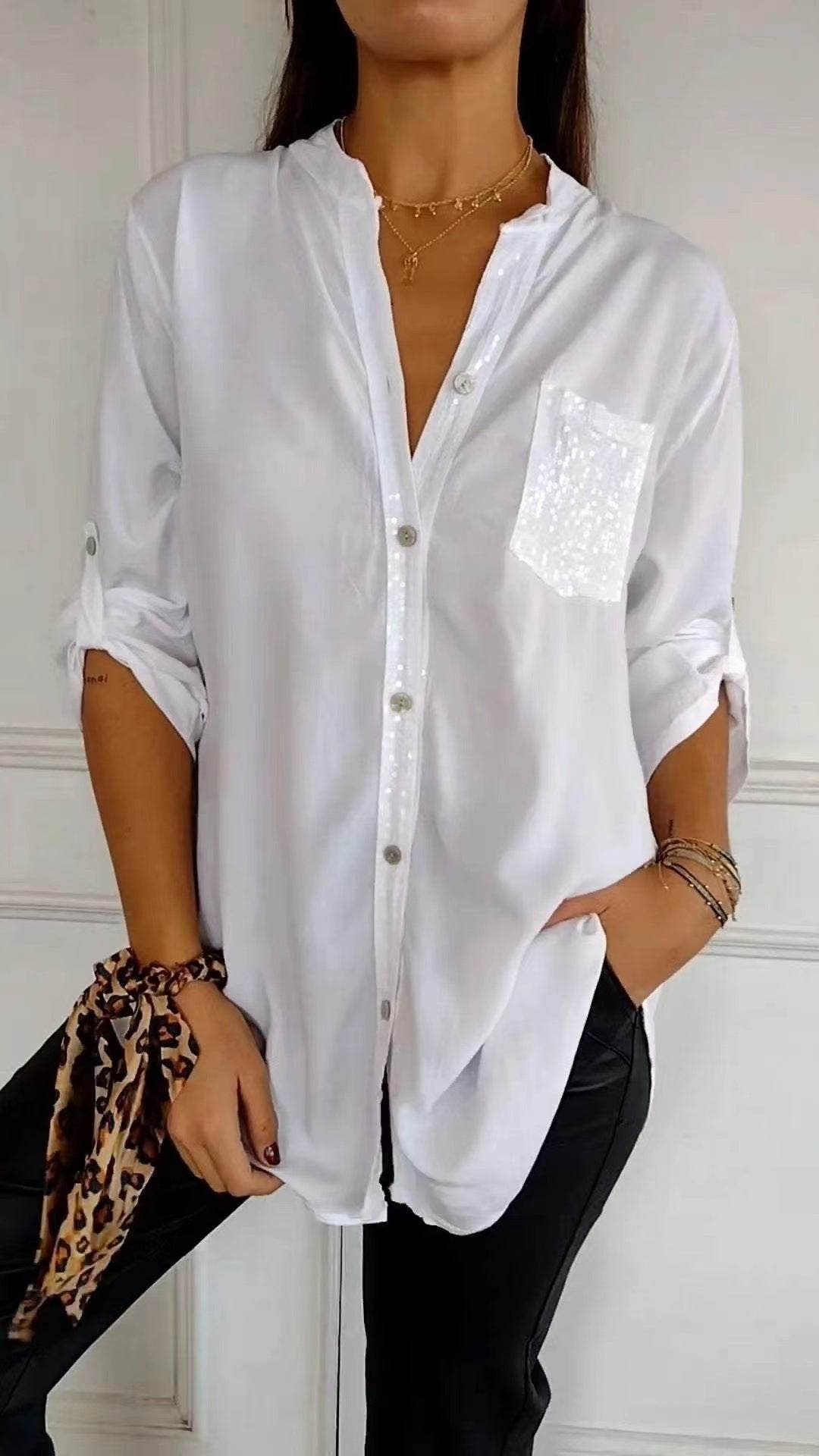Casual Button-down Long Sleeve Shirt With Sequin Pocket Design Fashion Commuter Top Women Clothing - Velora