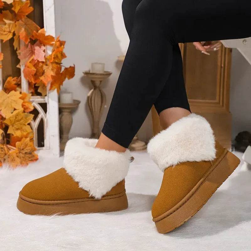 Winter Plush Snow Boots Fashion Round Toe Flat Thickened Suede Cotton Shoes For Women Casual Warm Short Boot - Velora
