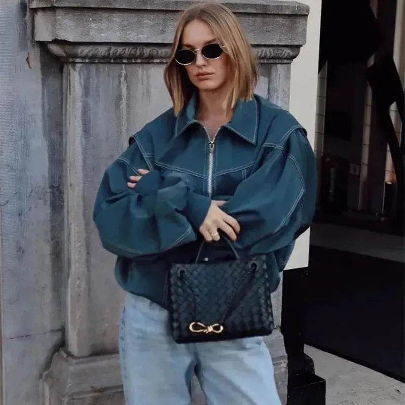 Oversized Fashion Zip-up Lapel Leather Jacket for women - Velora