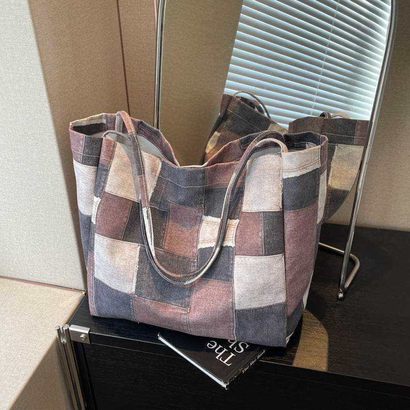 Women's Large Capacity Denim Color-contrast Check Idle Style Shoulder Commute Leisure Handbag Versatile Tote Bag - Velora
