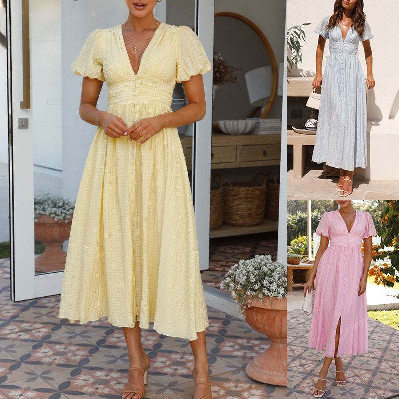 V-neck Short-sleeved Dress With Slim-waisted Design Summer Fashion Puff Sleeve Long Dress For Women Clothing - Velora