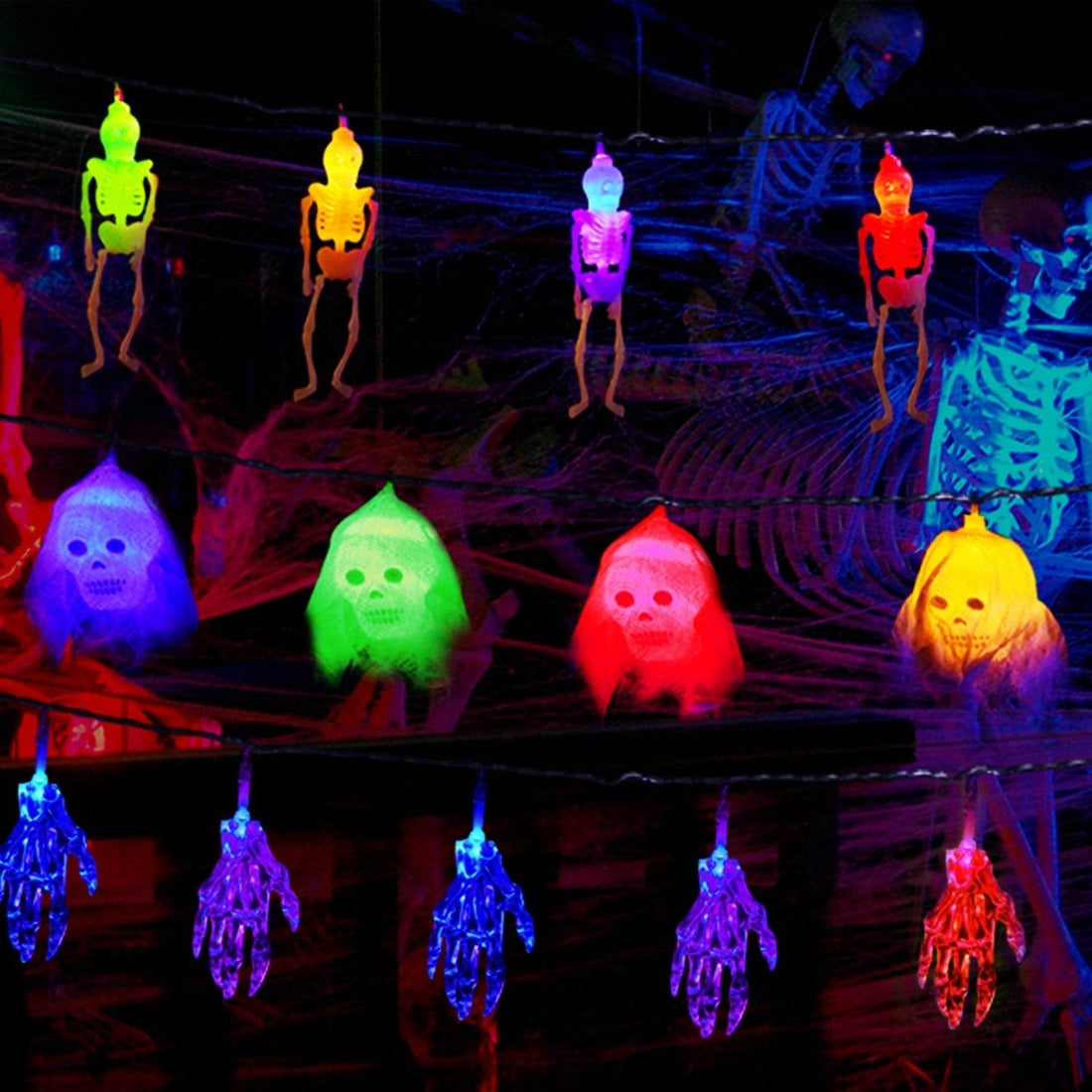 Set Of 3Pcs Halloween Light Decorations Total 50 LEDs 24ft Halloween String Lights Colorful 3D Skeleton Ghost String Lights Gauze Skull String Lights Spooky Hands String Lights For Indoor Outdoor Part