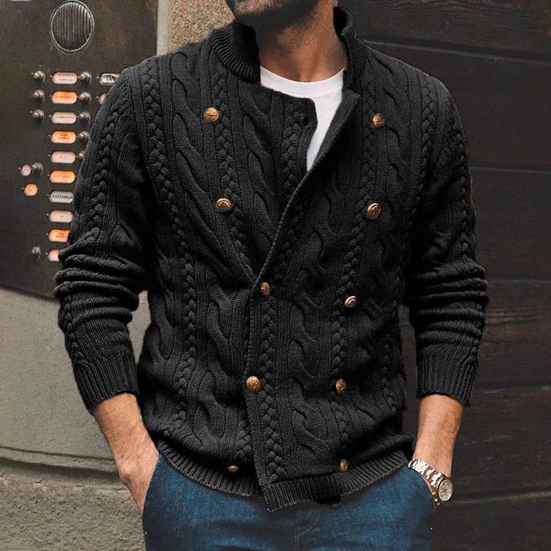 Men's Pure Color Half Collar Double-breasted Knitted Sweater Coat - Velora