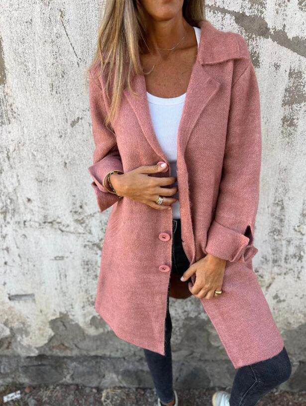 Lapel Single Breasted Cardigan With Pockets Fashion Color Solid Mid-Length Outwear Coat Womens Clothing - Velora