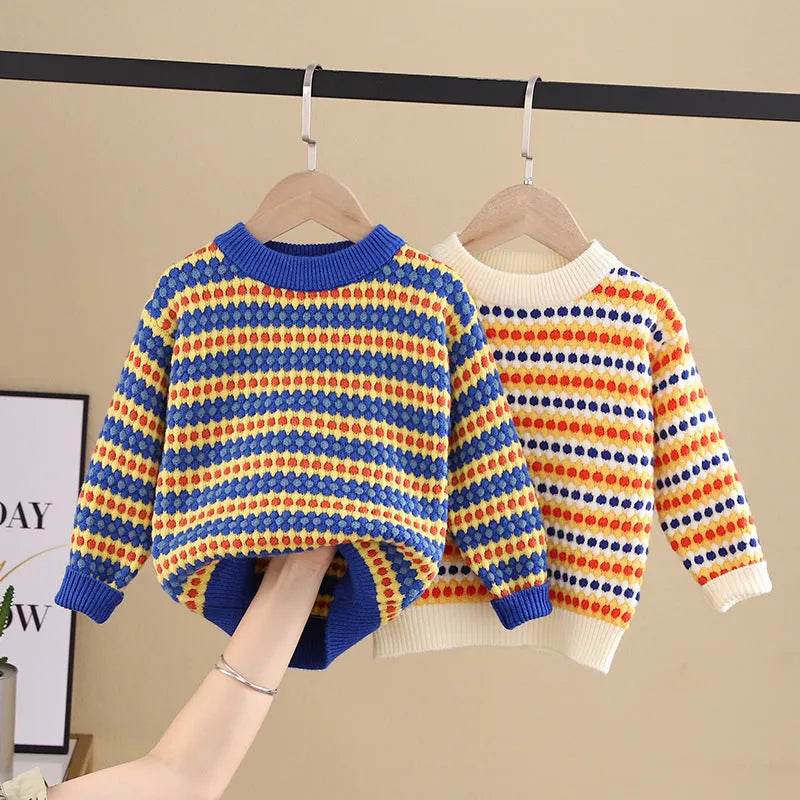 Children Rainbow Stripes Baby Round Neck Pullover Sweater Kids - Velora