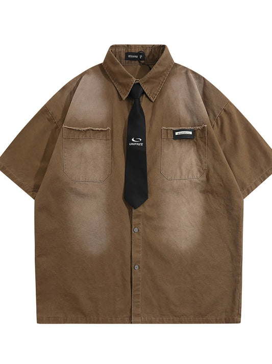 Men's Short Sleeve Denim Shirt with Tie Detail - Velora