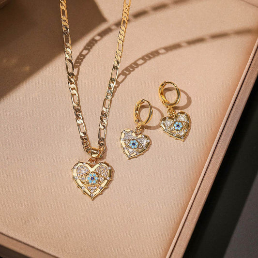 Fashion Jewelry Personality Copper Plated Real Gold Heart-shaped Zircon Pendant Necklace And Earrings Suite - Velora