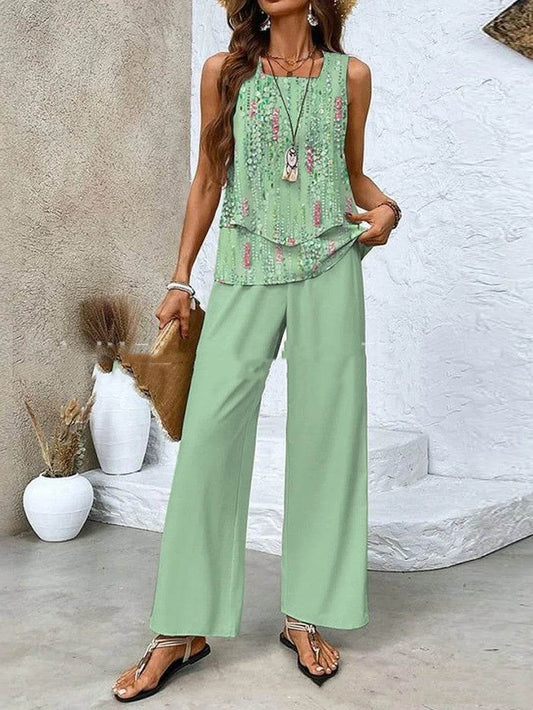 Print Suits Sleeveless Double-layer Vest And Loose Straight Pants Womens Clothing - Velora