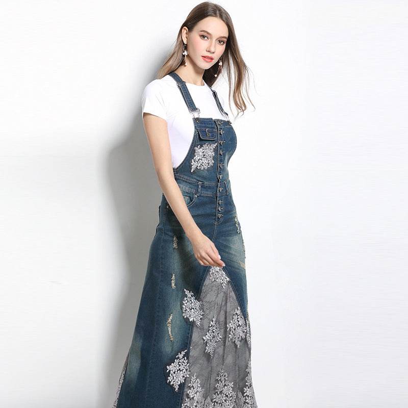 Embroidered Lace Denim Midi Jumper Dress European and American Style - Velora