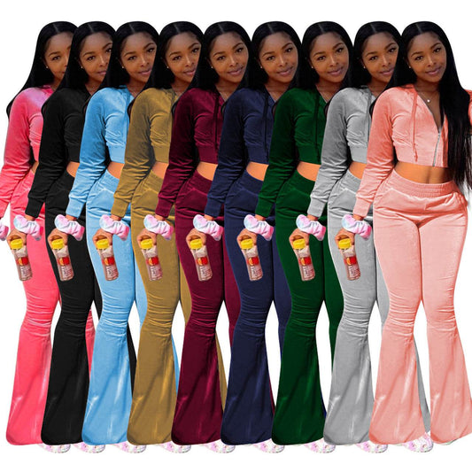 Women 2pcs Velvet Hoodie Wide leg Pant Crop top sweatsuit Athleisure Outfit - Velora