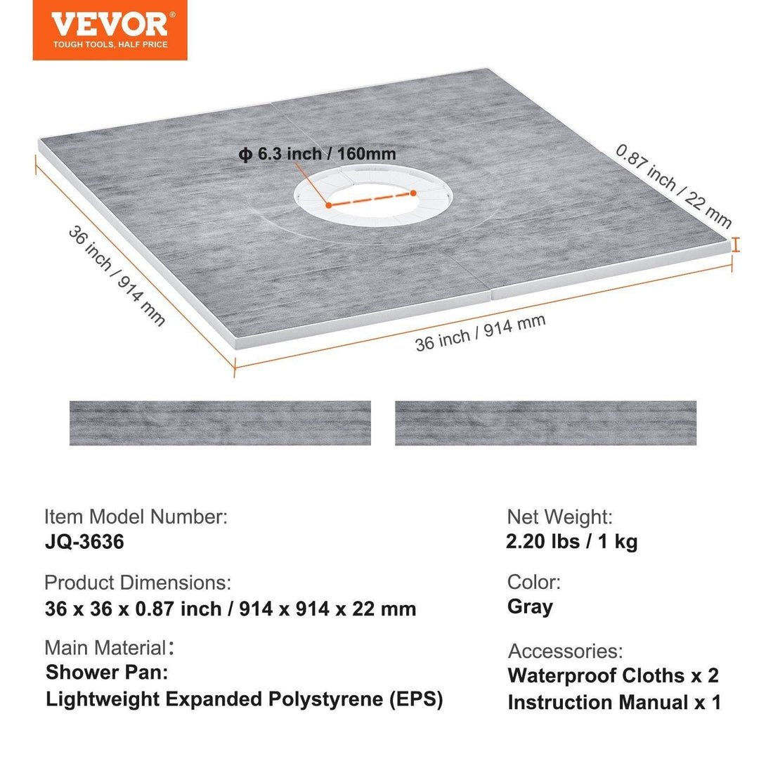 Shower Curb Kit, 36x36 Shower Pan Kit With 6.3 Central Drain, Lightweight EPS Shower Installation Kits With 2 Waterproof Cloths, Shower Pan Slope Sticks Fit For Bathroom