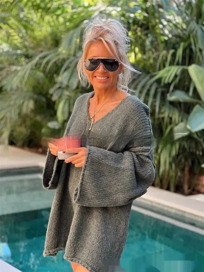 Women's Fashion V-neck Long-sleeve Knitwear 2-color Sweater dress - Velora