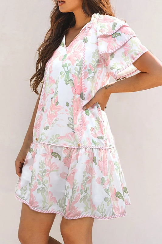 Floral Contrast Edge Layered Short Sleeve Mini Dress - Velora