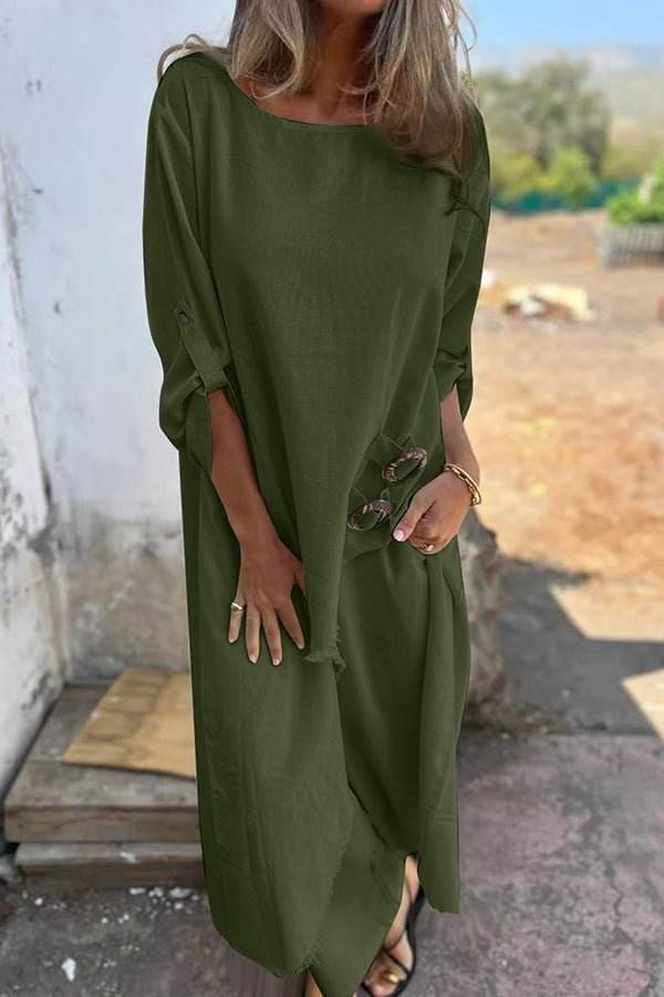 Loose Irregular Long Suit With Metal Button Design Round Neck Long-sleeved Top And Straight Trousers Fashion Wide-leg Pants Women's Clothing - Velora