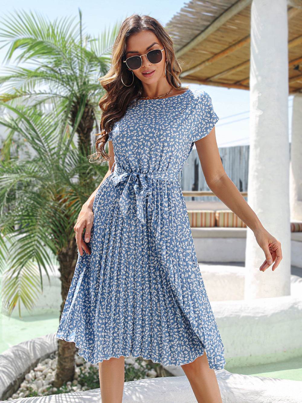 Casual Spring Summer Tie belt Pleated Floral Midi Dress - Velora