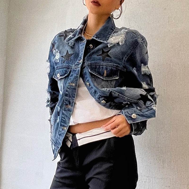 Lapel Star Patch Shredded Single Breasted Denim Jacket For Women - Velora