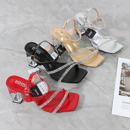Fashion Square Toe Buckle Solid Color Large Size Womens High Heels - Velora
