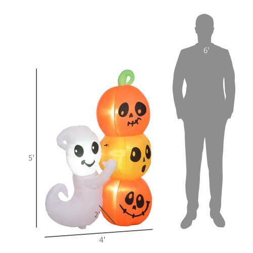 HOMCOM 5ft Inflatable Halloween Decoration Ghost And Pumpkin, Blow Up Outdoor LED Yard Display, Waterproof - Velora