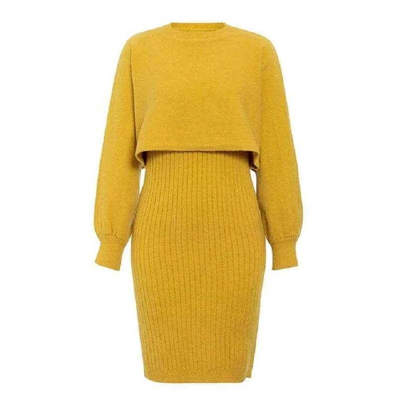 Women 2pcs Winter Outfit Cashmere dress Cropped Pullover top - Velora