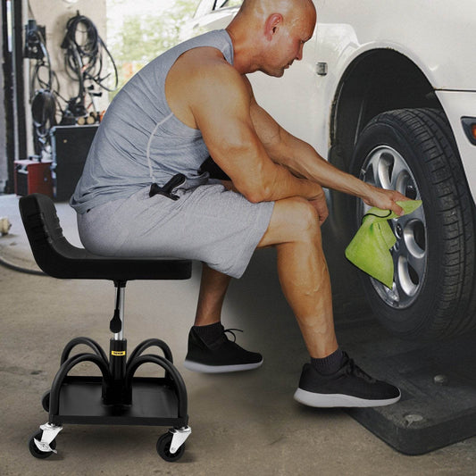 Rolling Garage Stool, 300LBS Capacity, Adjustable Height From 15.7 In To 20.5 In, Mechanic Seat With 360-degree Swivel Wheels And Tool Tray, For Workshop, Auto Repair Shop, Black - Velora