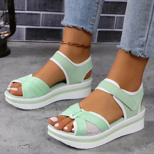 Summer Mesh Chunky Cross-strap Platform Sandals With Velcro-design Thick Sole Flats Beach Shoes Women - Velora