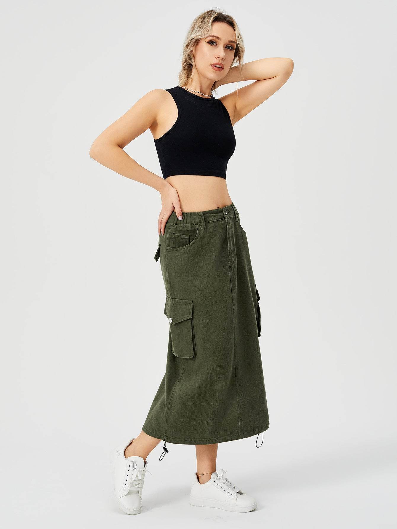 Women Casual Street wear High waisted Pencil Midi Cargo Skirt - Velora