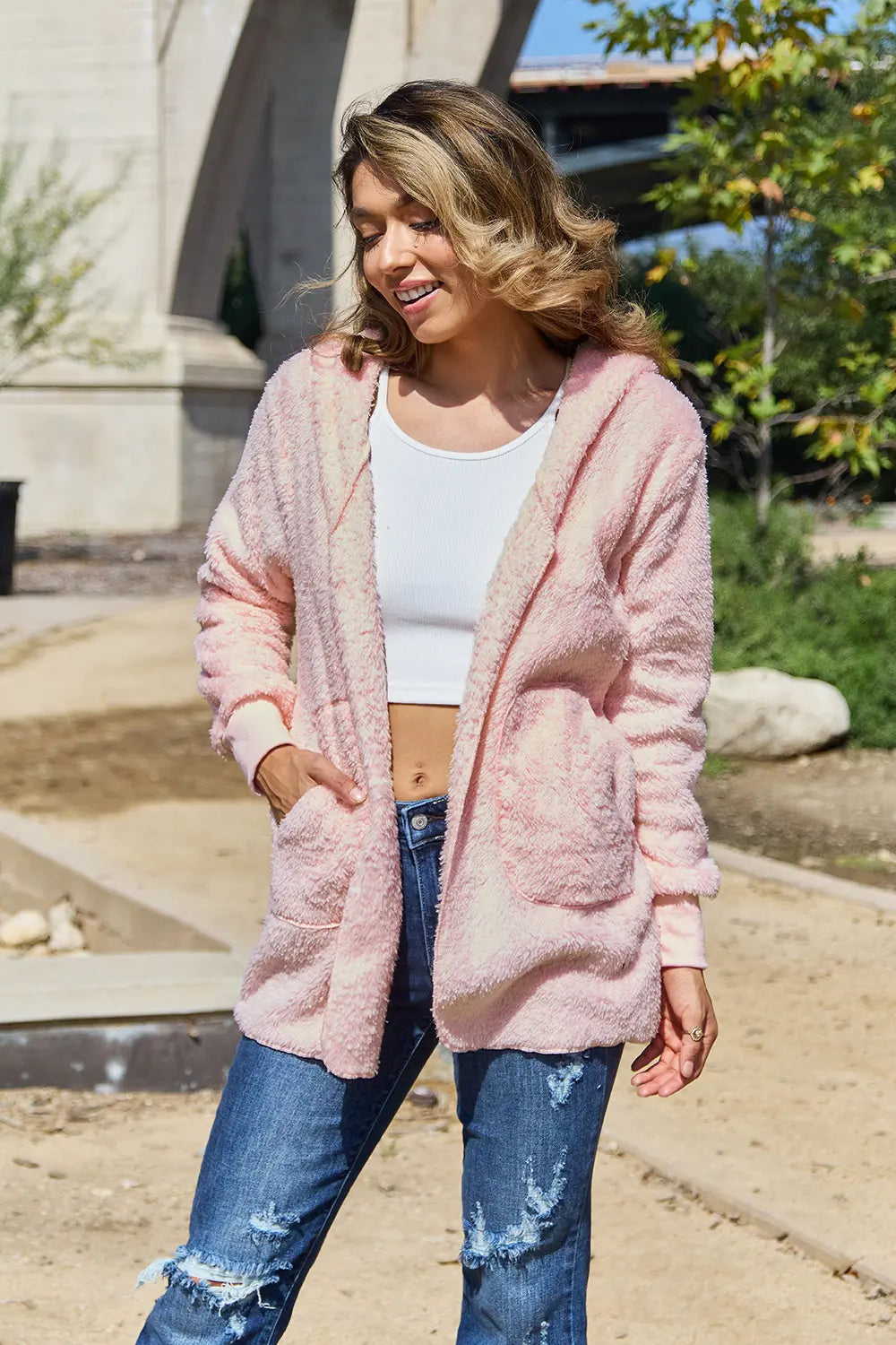 Full Size Teddy Hooded Jacket with Pockets - Velora
