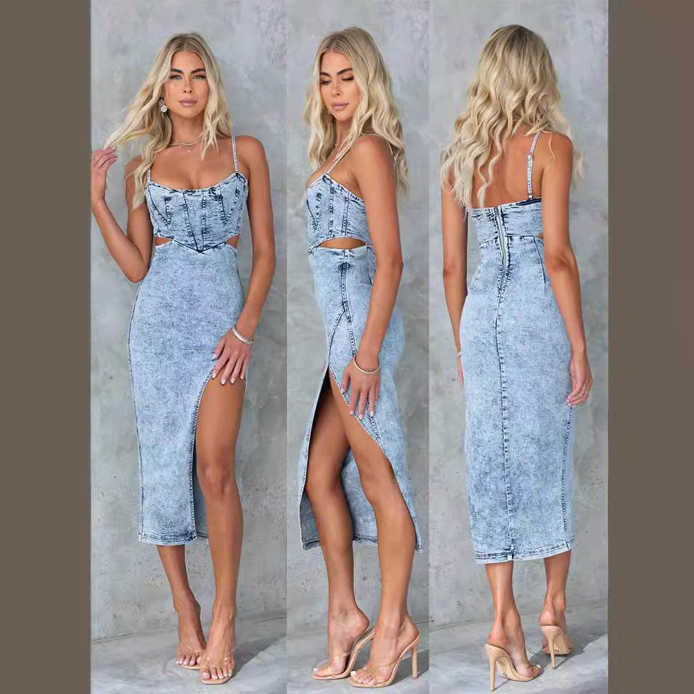 Women's Fashion Personalized Sleeveless Sling Denim Split Midi fitted Dress - Velora