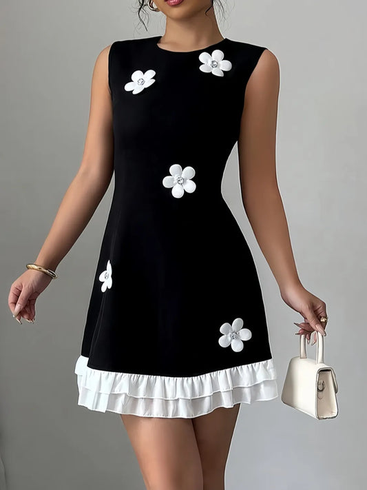 Flower Round Neck Sleeveless Dress - Velora