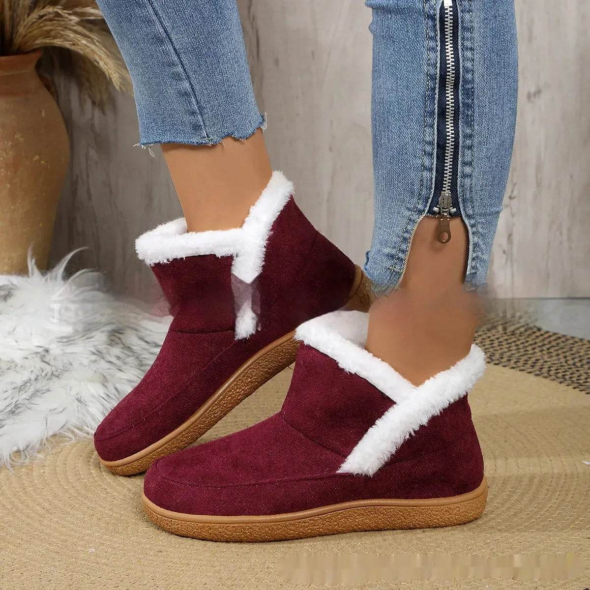 Insulated Cotton-padded Boot Shoes Flat Bottom Solid Color Fleece Lined perfect for winter - Velora