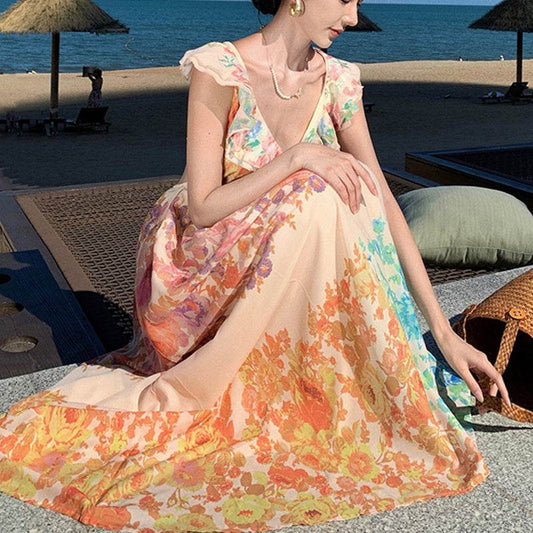 Fashion V-neck Ruffle Sleeve Long Dress Summer Romantic French-Style Flowers Print Bow-knot Backless Design Beach Vacation Dresses Womens Clothing - Velora