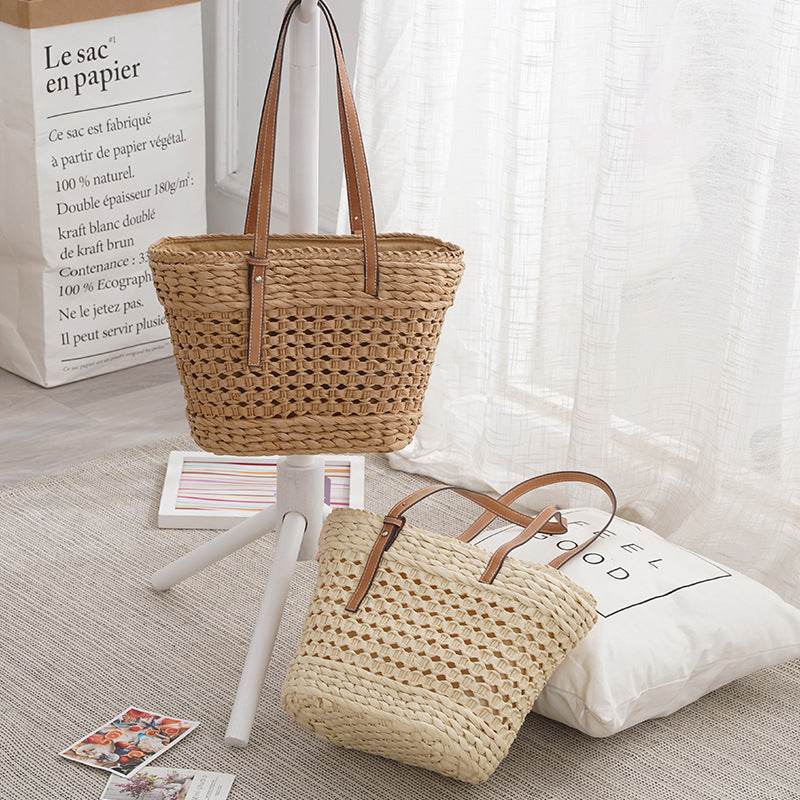 Large Capacity Fashion Urban Simple White Khaki Straw Braided shopper Beach Bag - Velora