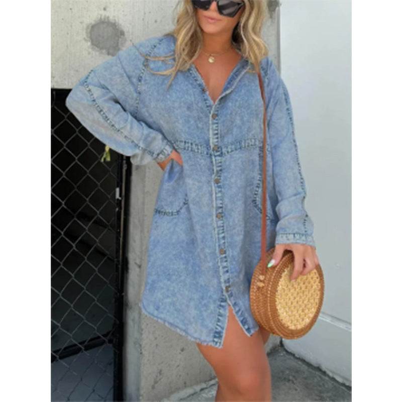 Women's Denim Washed Loose Shirt Dress - Velora