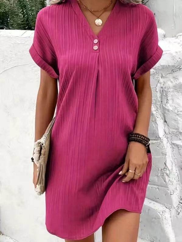 Fashion V-neck Short-sleeved Dress Casual Solid Strip Button Dresses Womens Clothing - Velora