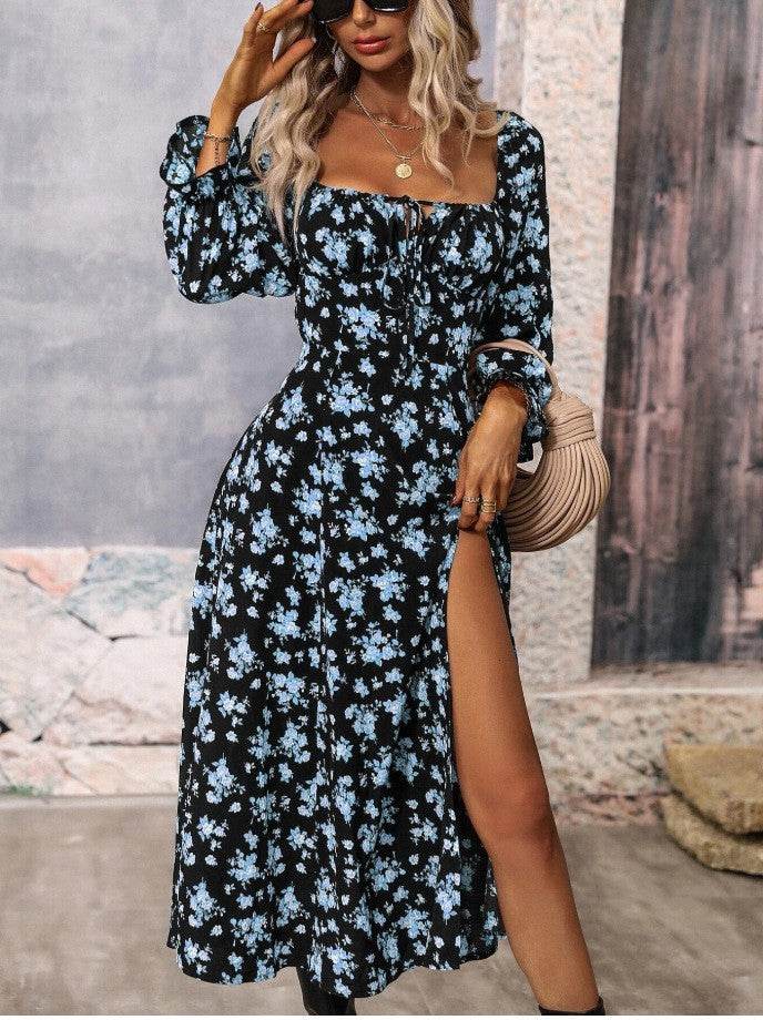 Flowers Printing Long Sleeve Dress Fashion Square-neck Bottom Slit Dresses Womens Clothing - Velora