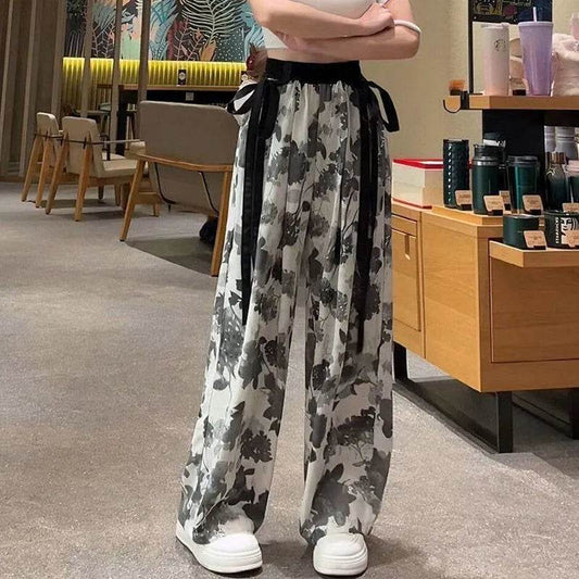 New Painting Ice Silk Wide-leg Baggy Trouser Pants Summer Women - Velora