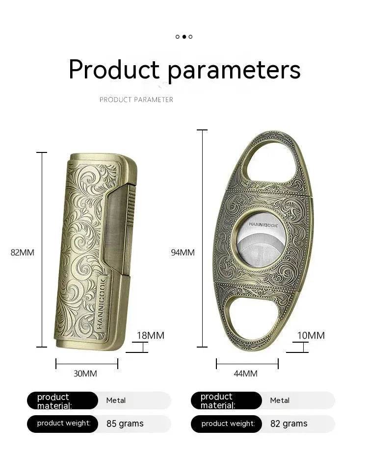 Embossed Portable Metal Alloy Cigar Cutter and Torch Lighter Gift box set - Velora