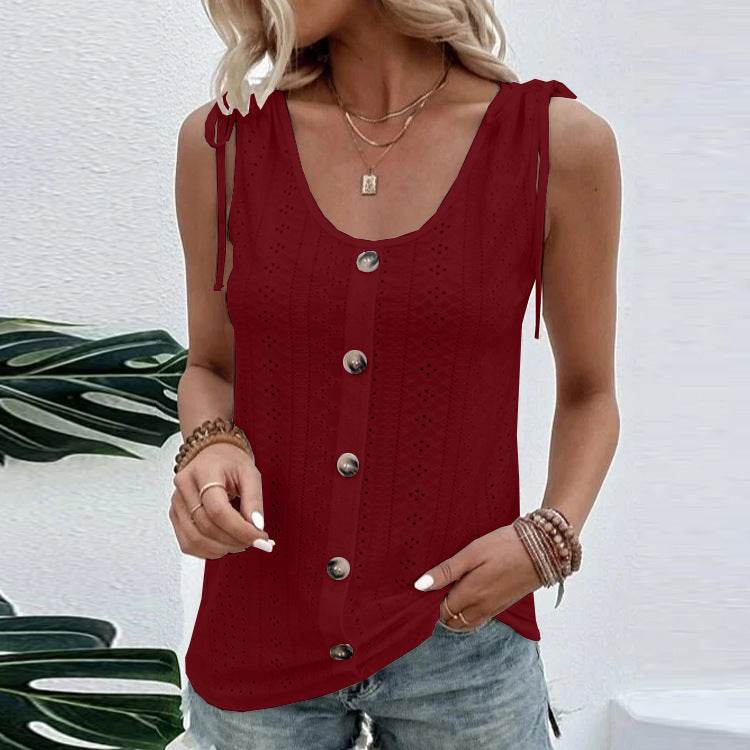 Casual summer U-neck Vest Women Shoulder With Bow Tie Summer blouse top - Velora