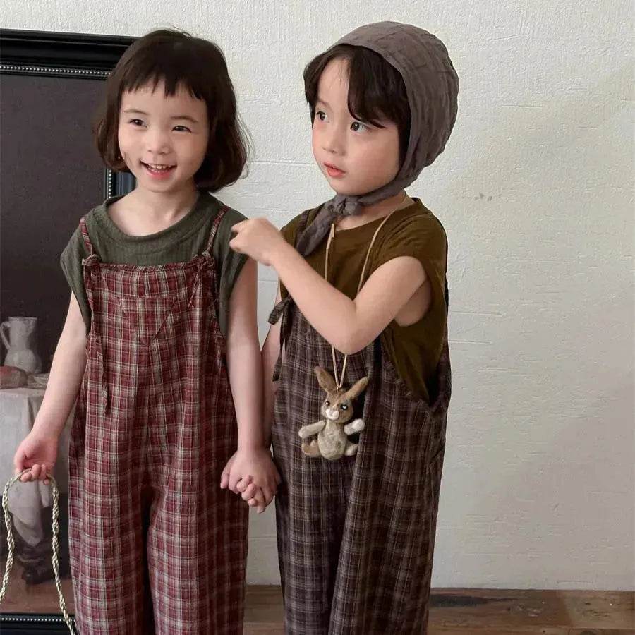 Summer Children's Plaid Overalls boy And girl Baby Unisex Mori Style Retro Jumpsuit Straight-leg Pants - Velora