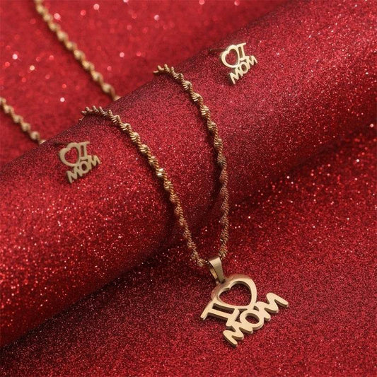 Mother's Day Jewelry Set Stainless Steel I Love Mom Mama Love Heart Pendant Necklace Earrings Thanksgiving Gift - Velora