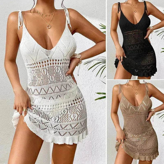 Women's Fashion Suspenders Deep V Knitted Beach Skirt Dress for Chic Ladies - Velora