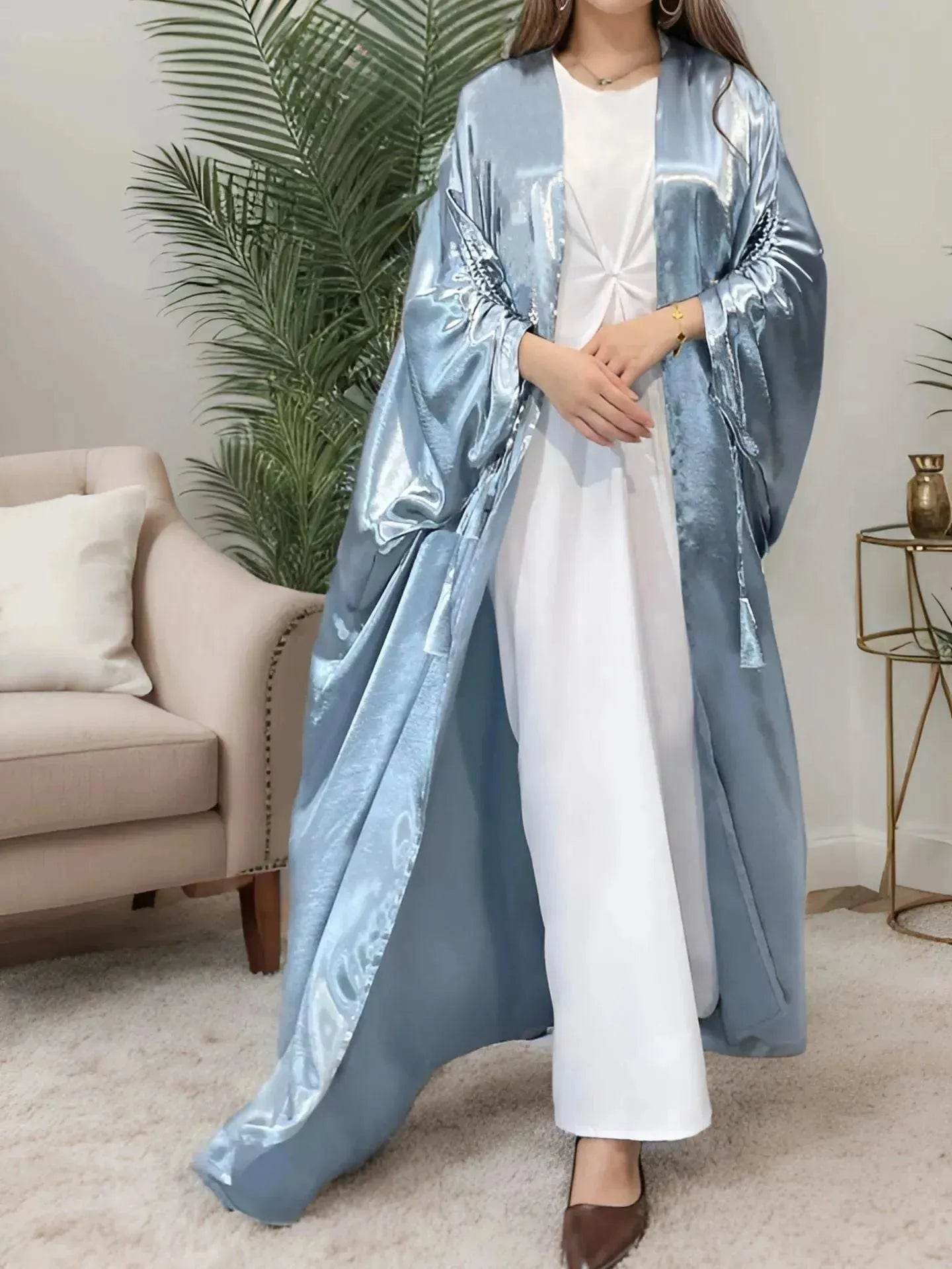 Simple Middle East Turkey Solid Color Plus Size Satin Robe Dubai Abaya Coat Turkey Abaya Kimono - Velora