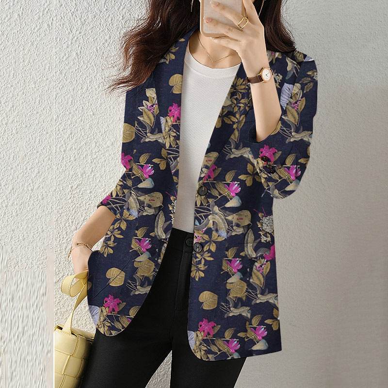 Women's Button Printed Long-sleeved Pocket Vintage Cotton And Linen jacket Blazer - Velora